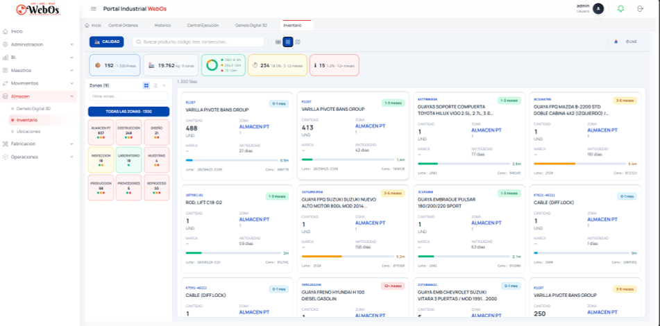 Pantalla de WB WMS con gestión de inventarios en tiempo real